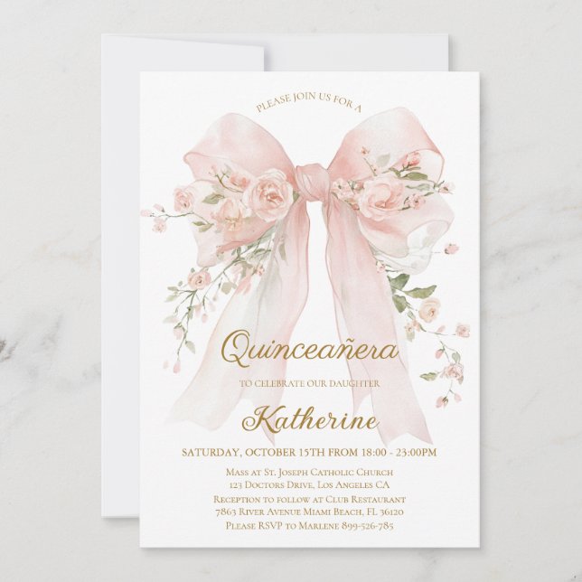 Floral Bow Quinceañera Invitation 15th Birthday Inbjudningar (Framsida)