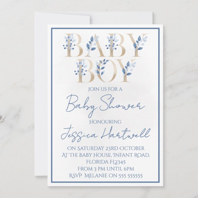 Floral Boy Baby Shower Invitation Inbjudningar (Framsida)