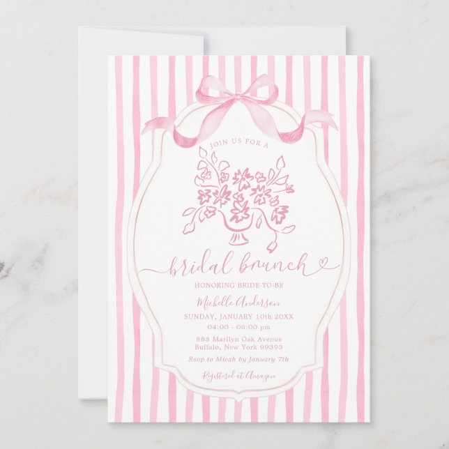 Floral Bridal Brunch Elegant Pink Stripe Bridal  Inbjudningar (Framsida)