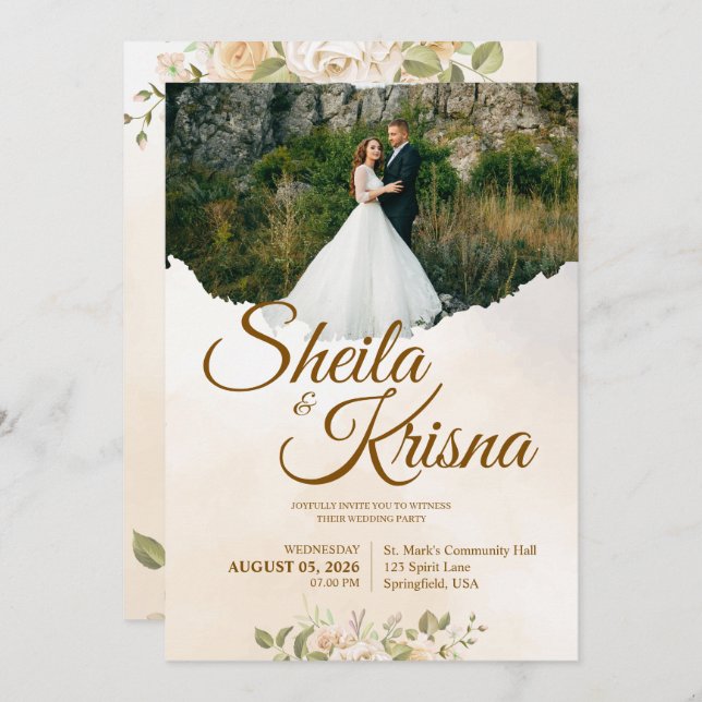 Floral Brown Pastel Elegance Wedding with Photo Inbjudningar (Fram/baksida)