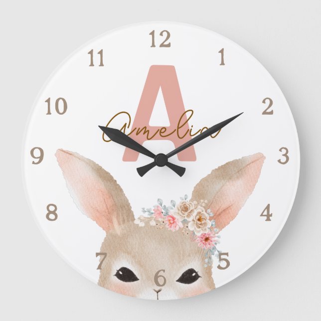 Floral Bunny Ears Monogram Nursery Clock Personali Stor Klocka (Framsida)