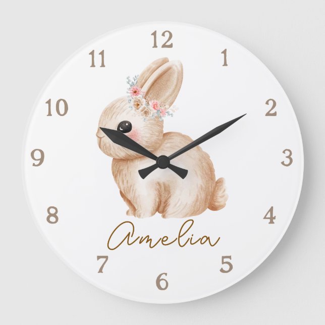 Floral Bunny Personalized Nursery Wall Clock Custo Stor Klocka (Framsida)