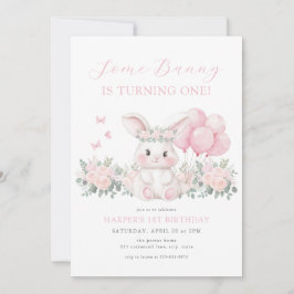 Floral Bunny Spring Girl Pink Bunny First Birthday Inbjudningar