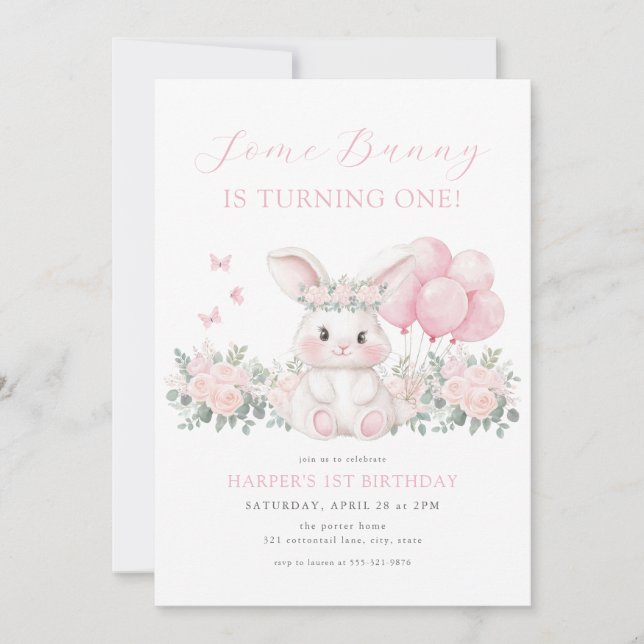 Floral Bunny Spring Girl Pink Bunny First Birthday Inbjudningar (Framsida)