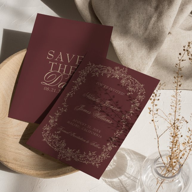 Floral Burgundy Beige Botanical Old Money Wedding Spara Datumet (Skapare uppladdad)