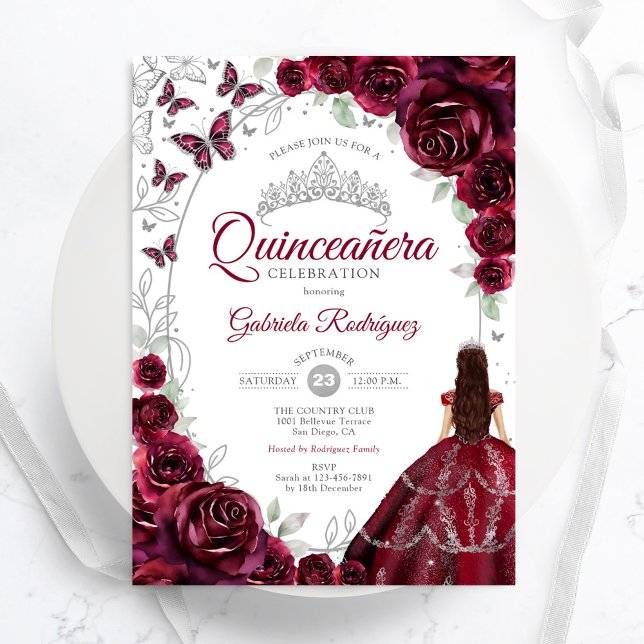 Floral Burgundy Silver Quinceanera Inbjudningar (Skapare uppladdad)