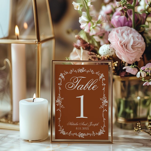 Floral Burnt Orange Old Money Wedding Table Number Inbjudningar (Skapare uppladdad)