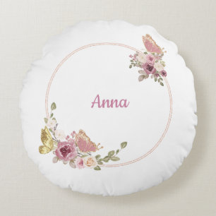 Floral Butterfly Rose Gold – Anpassat Namn Rund Kudde