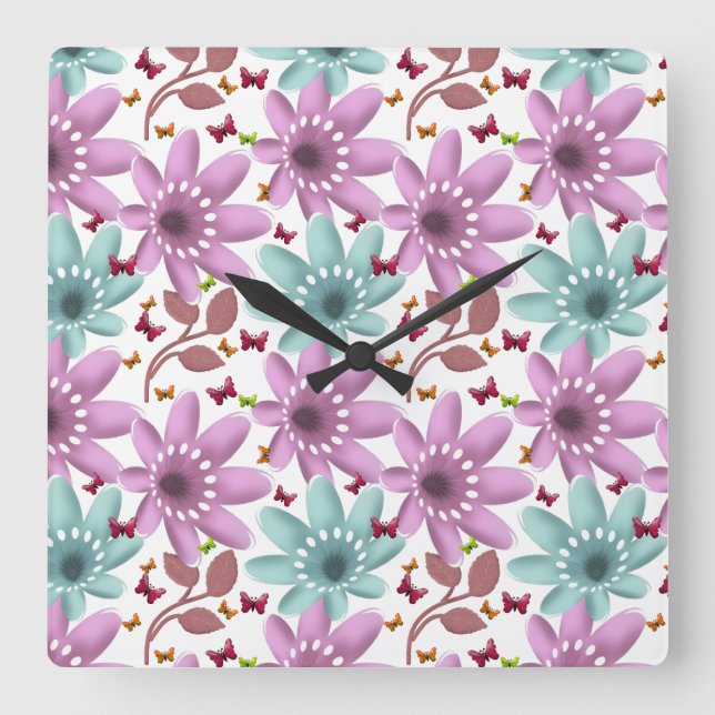 Floral Butterfly Seamless Pattern | Pink and Mint  Fyrkantig Klocka (Framsida)