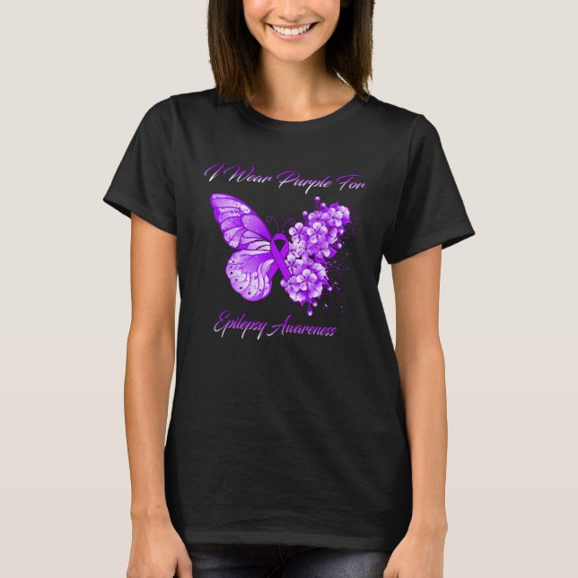 Floral Butterfly Wear Purple Ribbon Epilepsy Month T Shirt (Framsida)