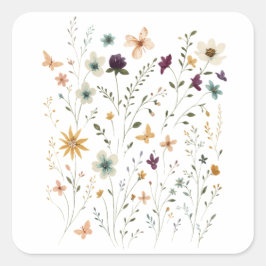 Floral & Butterfly,  Whimsical Garden-Inspired  Fyrkantigt Klistermärke