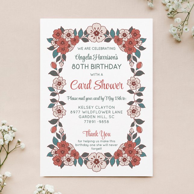 Floral Card Shower 80th Birthday Invitation Inbjudningar (Skapare uppladdad)