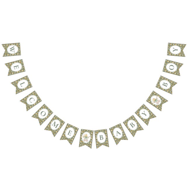 Floral Carriage Baby Boy Bunting Banner | Sage Vimplar (Alla)