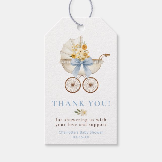 Floral Carriage Baby Shower Thank You | Blue Presentetikett (Framsidan)