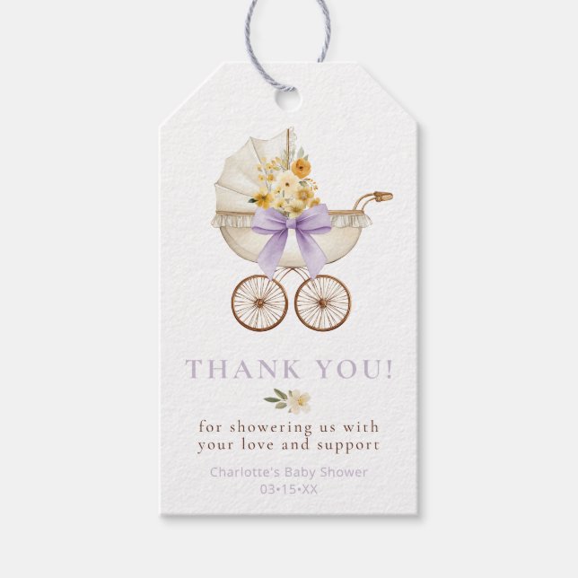 Floral Carriage Lavender Thank You | Baby Shower Presentetikett (Framsidan)