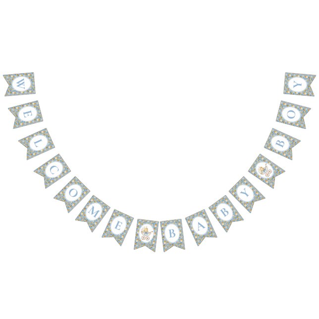 Floral Carriage Welcome Baby Boy Bunting Banner  Vimplar (Alla)