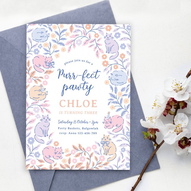 Floral Cat Birthday Invitation, Girls Cat Party  Inbjudningar (Skapare uppladdad)