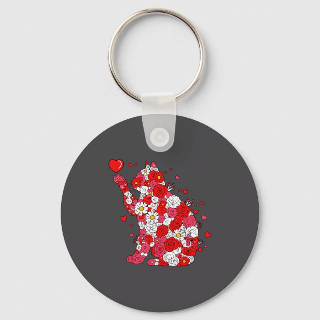 Floral Cat Heart Valentines Day Meow Kitty Kitten  Nyckelring (Framsida)