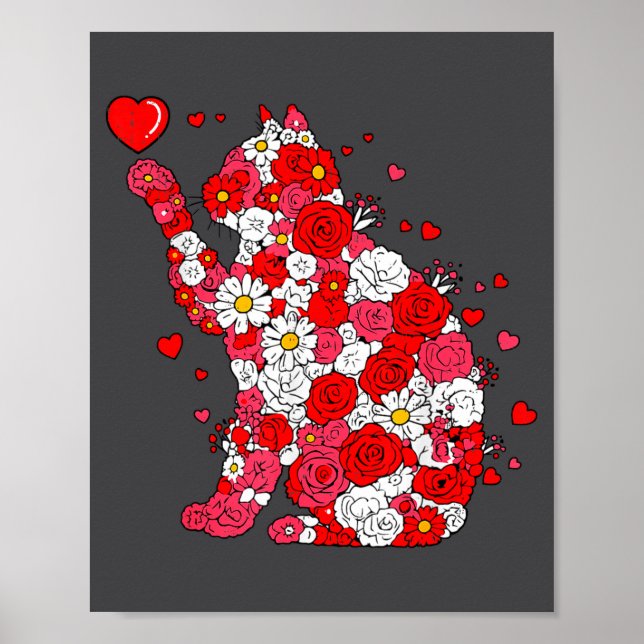 Floral Cat Heart Valentines Day Meow Kitty Kitten  Poster (Framsidan)