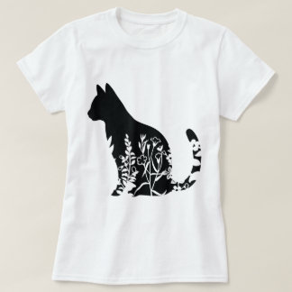 Floral Cat Silhouette Minimalist Design T Shirt