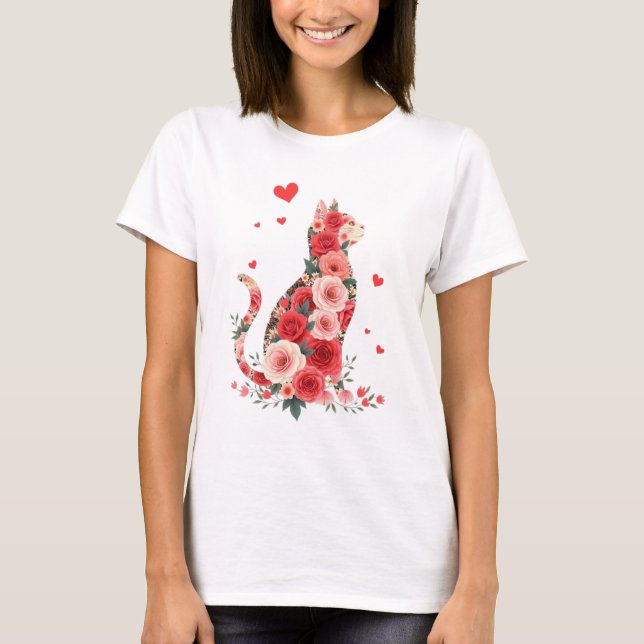 Floral Cat Silhouette Roses Hearts Love T Shirt (Framsida)