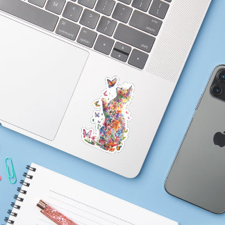 Floral Cat Silhouette with Butterflies stickers Klistermärken