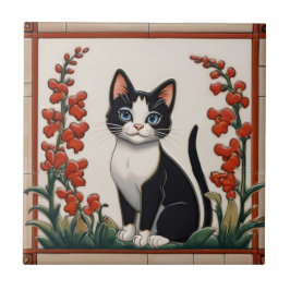 Floral Cats - Black & White Cat Red Flower Garden Kakelplatta
