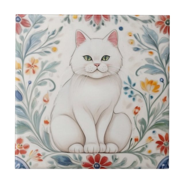 Floral Cats - White Cat Colorful Folk Flowers Kakelplatta (Framsidan)