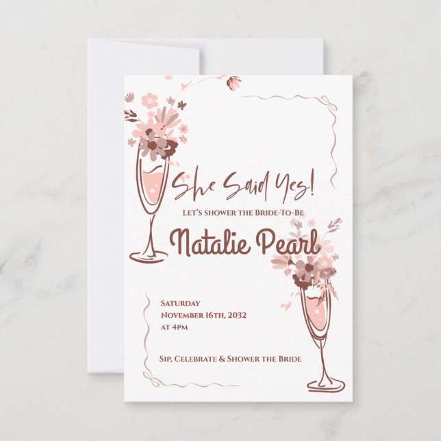 Floral Champagne She Said Yes Bridal Shower Invite (Framsida)