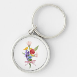 Floral Charm Keychain – Elegant Flower Bouquet Rund Silverfärgad Nyckelring