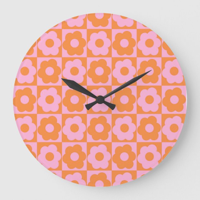 Floral Checker Pink Orange Stor Klocka (Framsida)