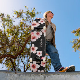 Floral Cherry Blossom Monogram Black Pink Girly Mini Skateboard Bräda 18,5 Cm