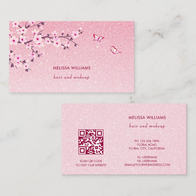 Floral Cherry Blossom Pink Glitter QR Code Visitkort (Fram/baksida)