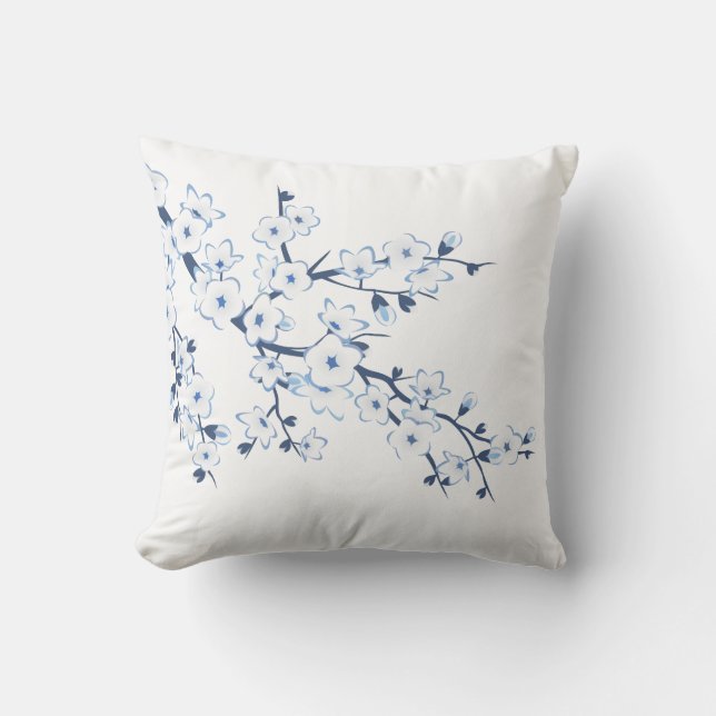 Floral Cherry Blossoms Blue White Kudde (Framsida)