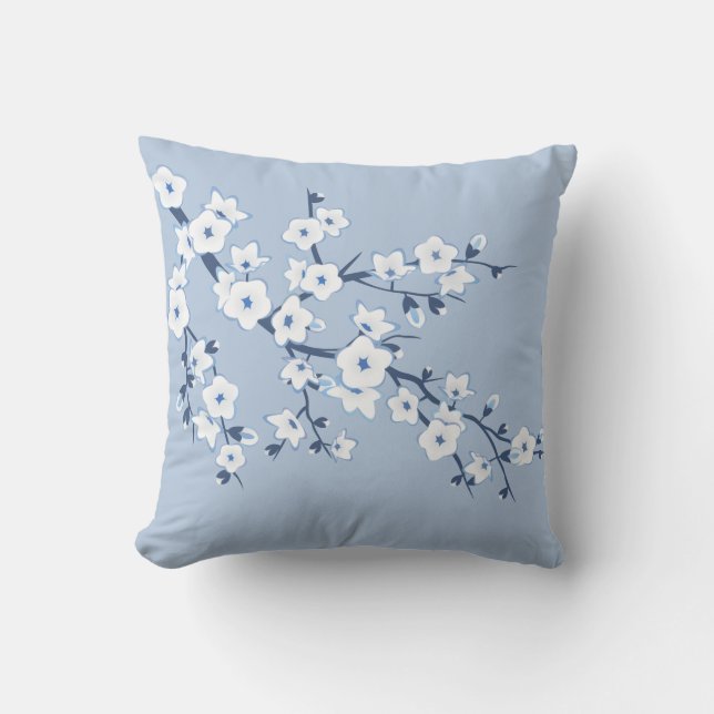 Floral Cherry Blossoms Blue White Kudde (Framsida)