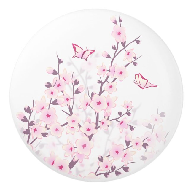 Floral Cherry Blossoms Butterflies Pink White Knopp (Framsidan)