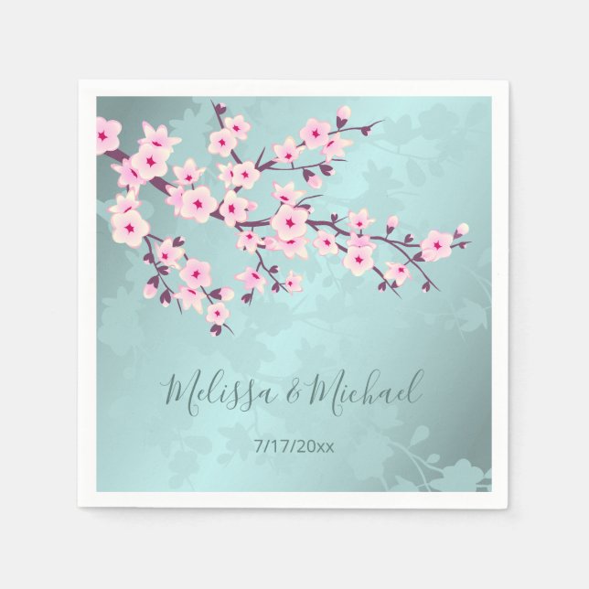 Floral Cherry Blossoms Pink Turquoise Wedding Pappersservett (Framsidan)