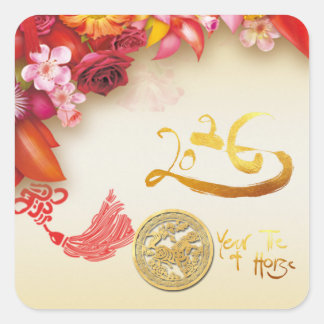 Floral Chinese gold Paper-cut Horse 2026 SqS Fyrkantigt Klistermärke