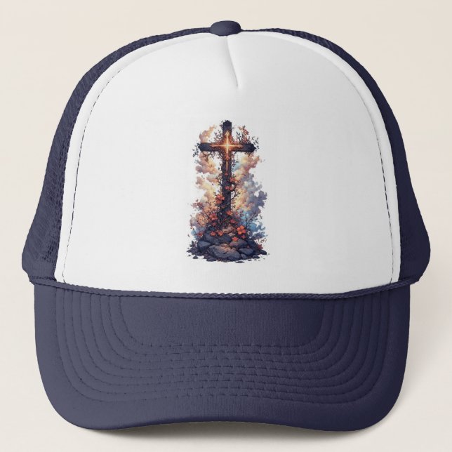 Floral Christian Cross Trucker Hat Keps (Framsida)