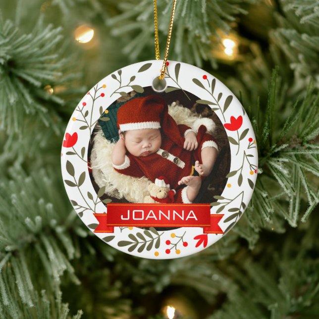 Floral Christmas Baby's First Christmas Photo Julgransprydnad Keramik (Träd)