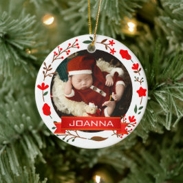 Floral Christmas Baby's First Christmas Photo Julgransprydnad Keramik