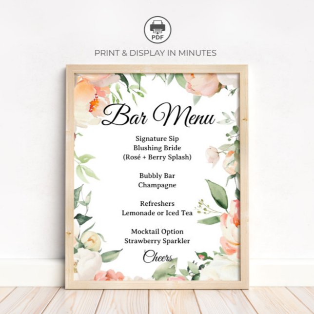 Floral Cocktail Bar Menu Bridal Shower Sign Poster (Skapare uppladdad)