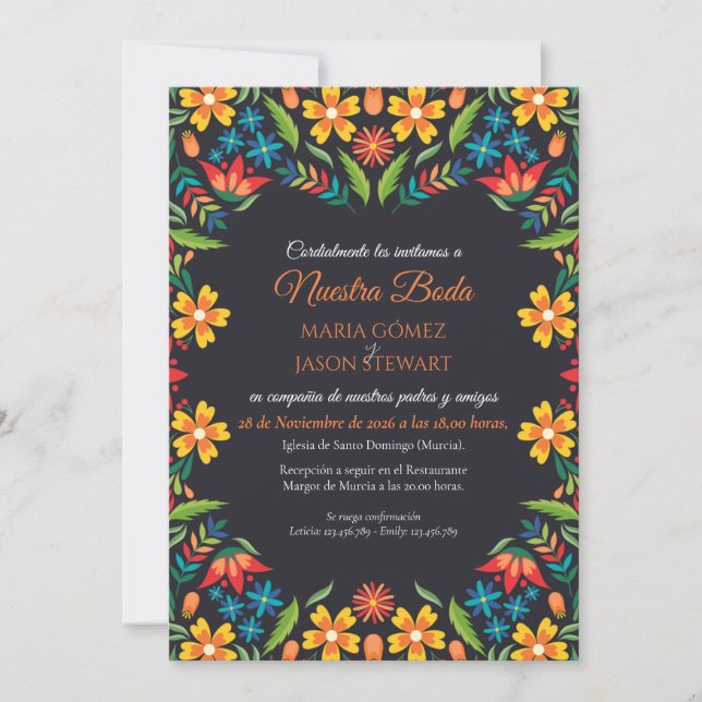Floral Colorful Botanical Flowers Spanish Wedding Inbjudningar (Framsida)