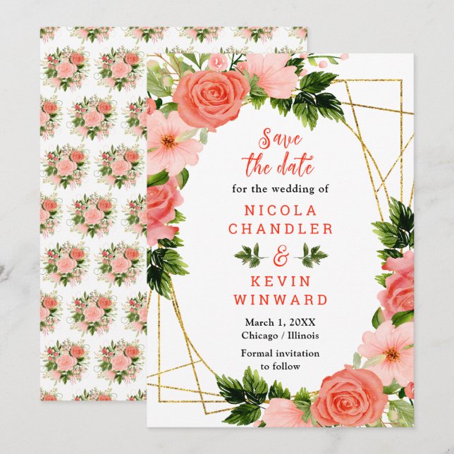 Floral Coral Red Roses Wedding Spara Datumet (Fram/baksida)