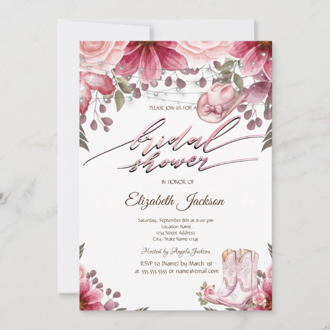 Floral Cowgirl Boots Hat Lights Bridal Shower  Inbjudningar (Framsida)