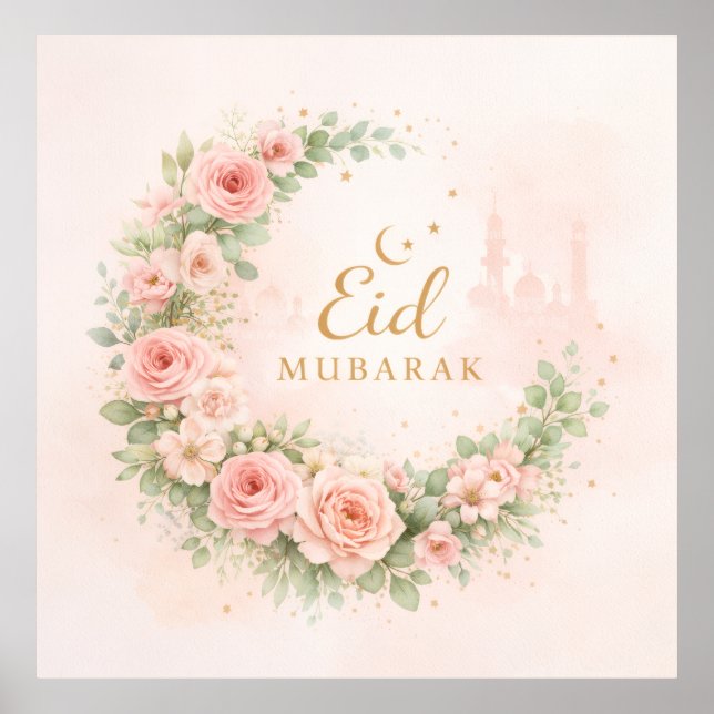 Floral Crescent Eid Mubarak Wall Art – Soft Pink & Poster (Framsidan)