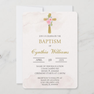 Floral cross beige baptism inbjudningar