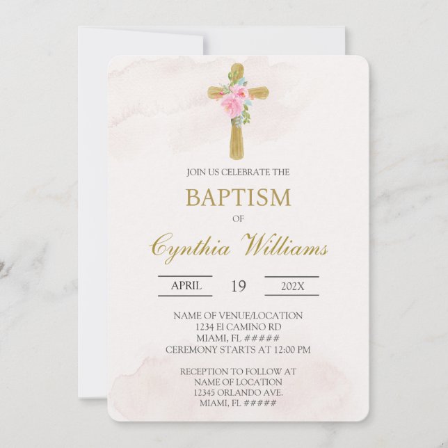 Floral cross beige baptism inbjudningar (Framsida)