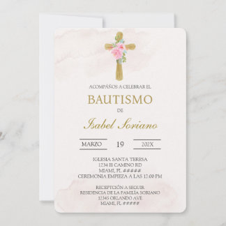 Floral cross beige Spanish baptism Inbjudningar