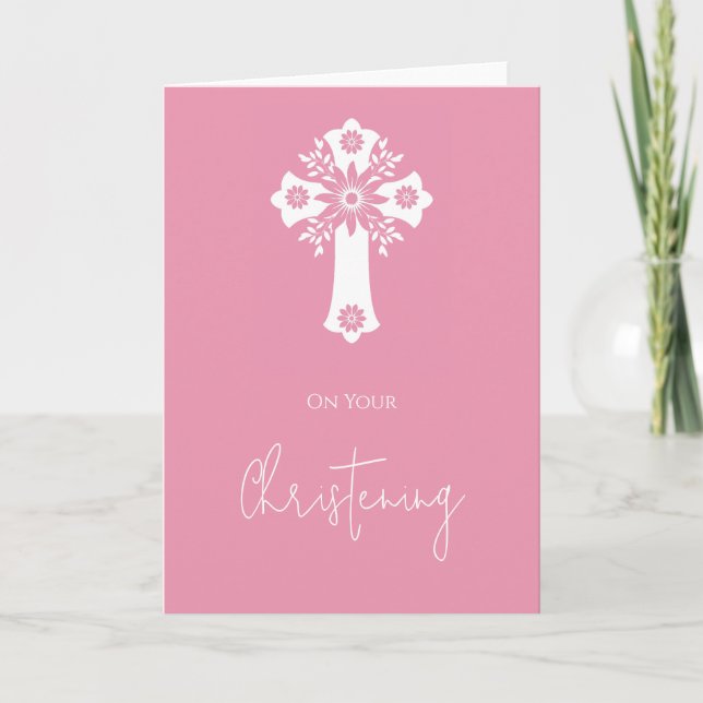 Floral Cross Card Christening Rose Pink Kort (Framsida)